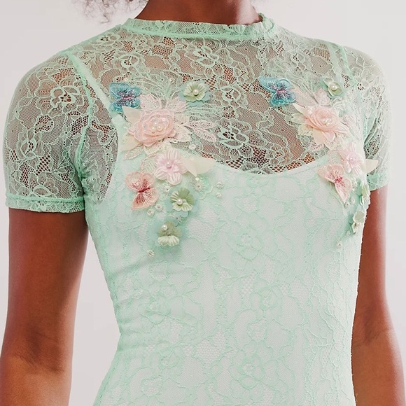 Free People Lace Applique Maxi Dress, mint green,floral design,Large, New - Picture 2 of 14